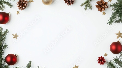 Christmas holiday ad background mockup shows red, gold Christmas ornaments, pine cones arranged around blank center. Clean design. Versatile template for creating holiday branding materials for use photo