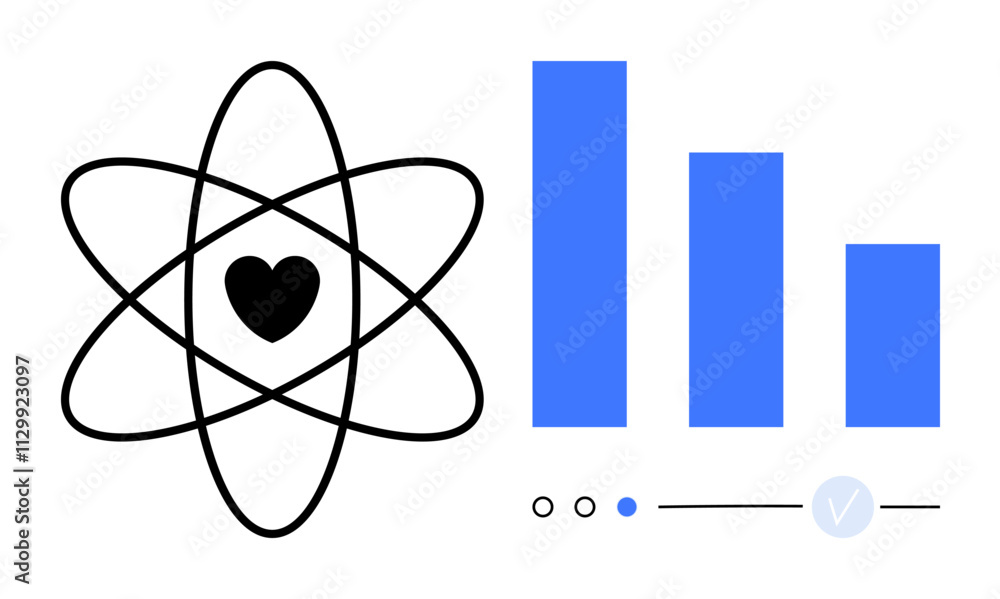 Atom symbol with heart at center and bar chart beside it. Ideal for science, love, data analysis, research, relationship, education, presentation themes. Line metaphor Atom symbol with heart at center and bar chart beside it. Ideal for science, love, data analysis, research, relationship, education, presentation themes. Line metaphor