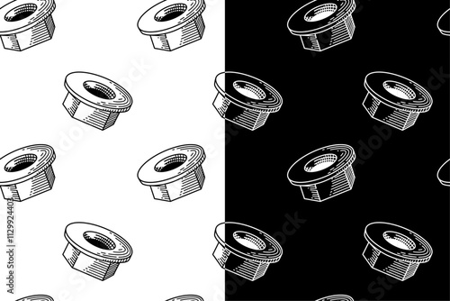 doodle flange nut seamless pattern on black white background for print on packaging, stationery, merchandise.  retro flange nut fastener pattern background. pattern of flange nut line icon background