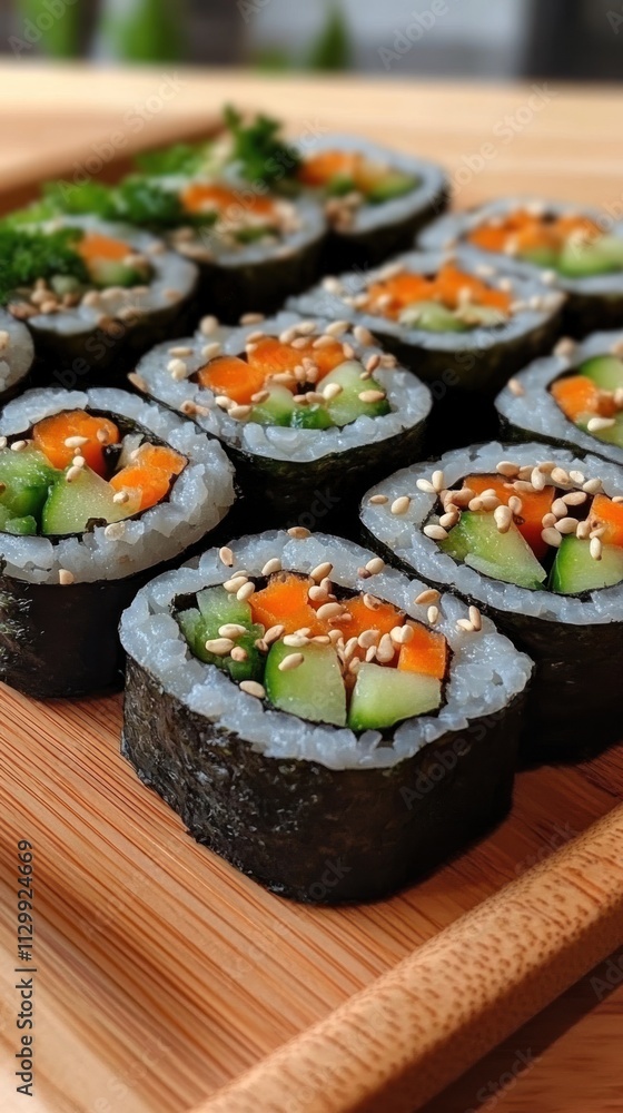 A close-up of sushi rolls featuring cucumber, spicy sauce, and sesame seeds on a wooden platter. A close-up of sushi rolls featuring cucumber, spicy sauce, and sesame seeds on a wooden platter.