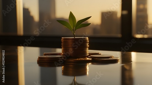 Green Plant on Coins Representing Savings and Investment.