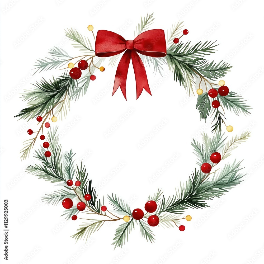 Watercolor Christmas wreath design. Round shape with green pine branches. Red berries, yellow accents decorate wreath. Red ribbon bow central element. Image isolated on white background. Perfect for Watercolor Christmas wreath design. Round shape with green pine branches. Red berries, yellow accents decorate wreath. Red ribbon bow central element. Image isolated on white background. Perfect for