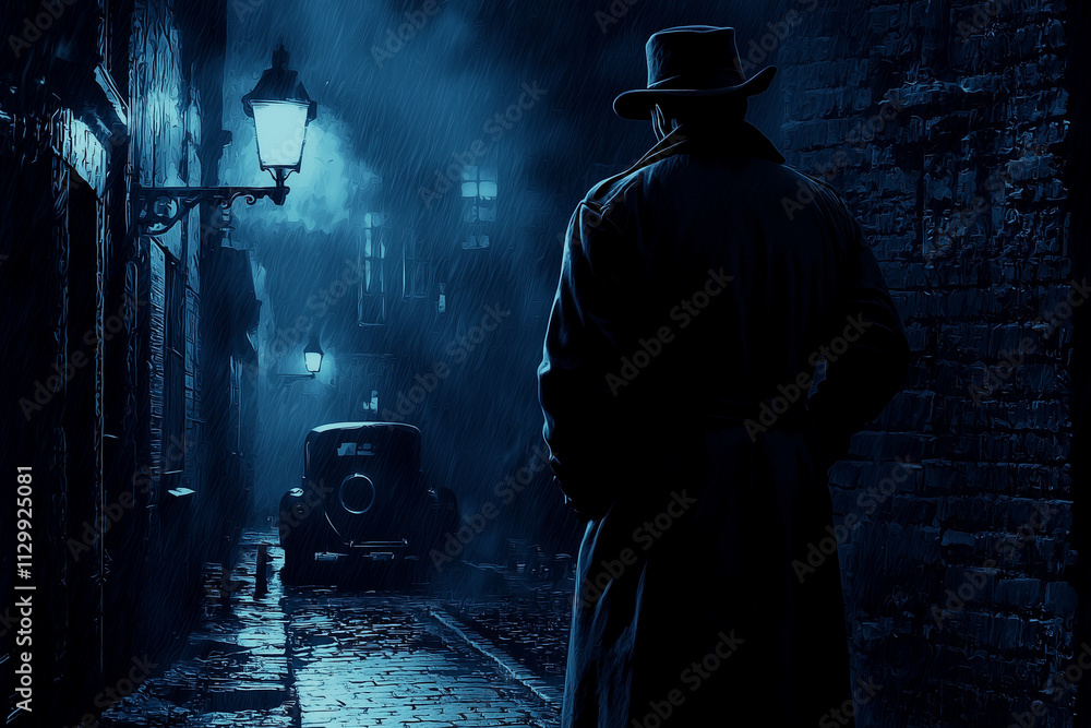 A detective in a trench coat standing under a streetlamp in a dark alley A detective in a trench coat standing under a streetlamp in a dark alley