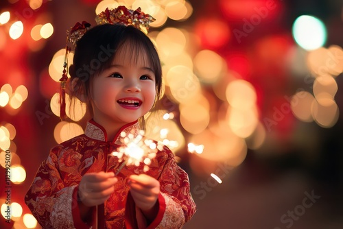 A child in traditional Chinese clothing holding sparklers, with a joyful expression and red decorations in the background. photo