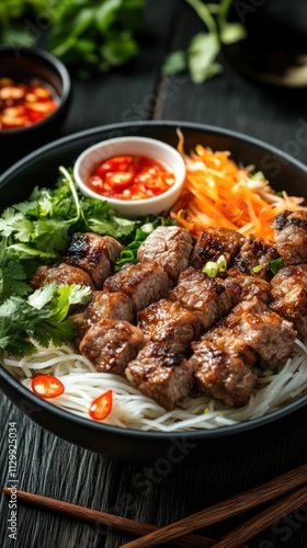 A bowl of grilled meat over noodles with fresh herbs and vegetables, served with dipping sauce.