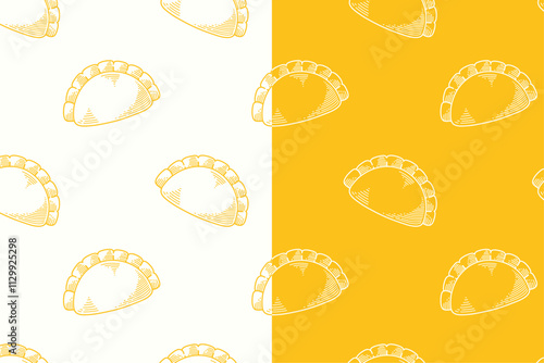 doodle gyoza chinese dumpling seamless pattern on yellow white background for print on packaging, merchandise.  retro jiaozi dumpling pattern background. pattern of chinese dumpling vector background