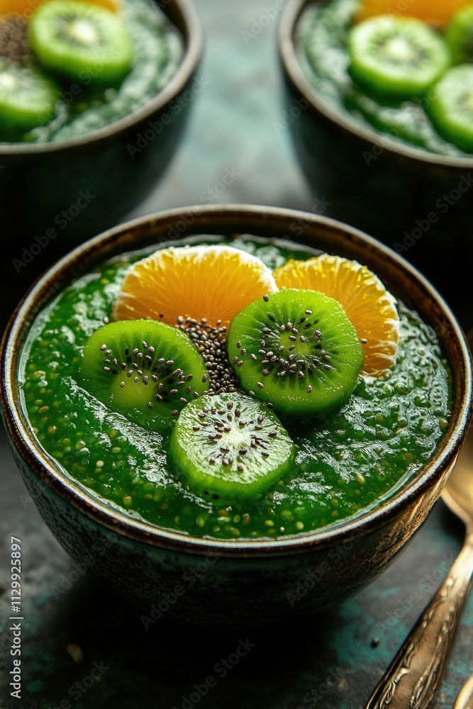 A vibrant green smoothie bowl topped with kiwi and orange slices, showcasing healthy eating. A vibrant green smoothie bowl topped with kiwi and orange slices, showcasing healthy eating.