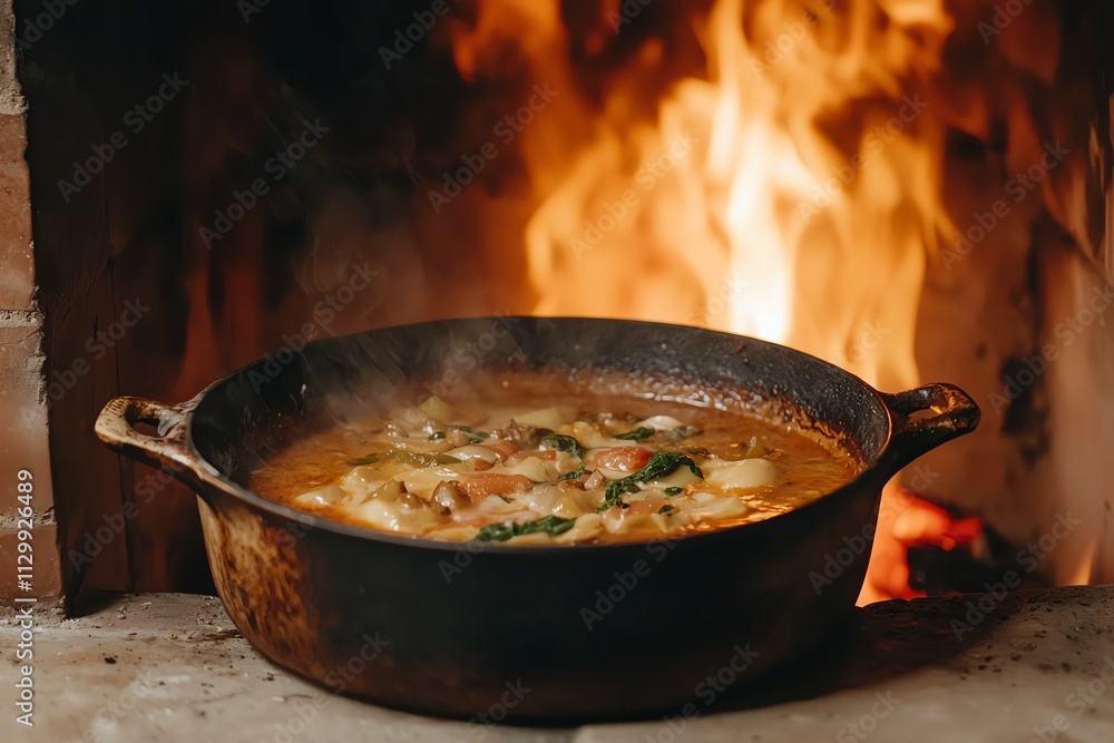 A steaming pot of stew simmers over an open fire, surrounded by vibrant flames, showcasing rustic cooking and warmth. A steaming pot of stew simmers over an open fire, surrounded by vibrant flames, showcasing rustic cooking and warmth.