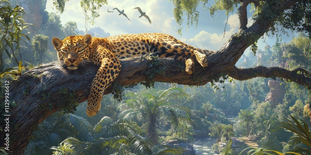Majestic Leopard Resting in Lush Tropical Jungle Tree Majestic Leopard Resting in Lush Tropical Jungle Tree