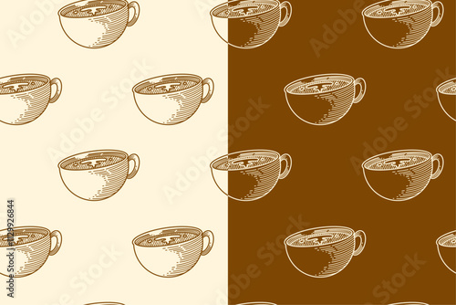 doodle cup of coffee on stick seamless pattern on brown white background for print on packaging, merchandise.  retro cup of coffee icon pattern background. pattern of coffee drink vector background