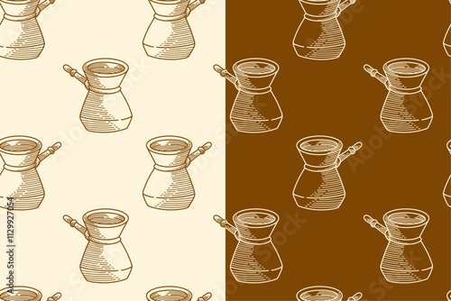 beverage coffee cezve doodle seamless pattern on brown white background for print on packaging, merchandise.  retro cezve coffee pot pattern background. pattern of turkish coffee vector background