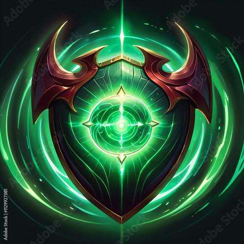 A green shield with a glowing central orb surrounded by intricate patterns and a redgold border. The shield is set against a dark green background with swirling green energy. photo