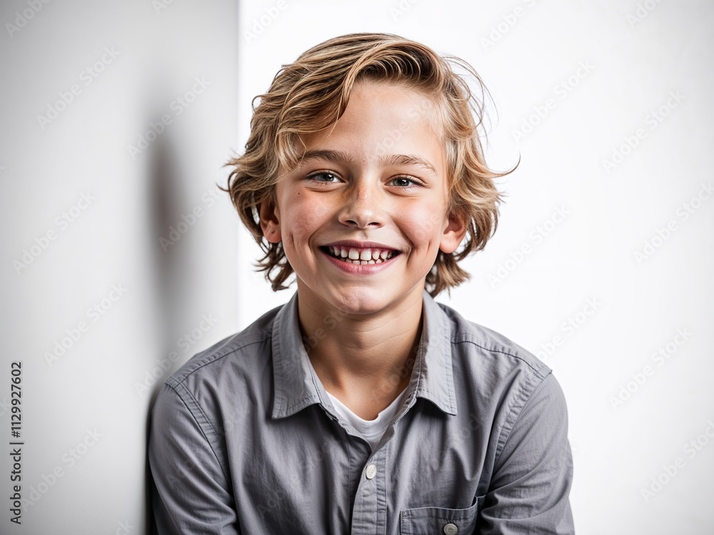 A boy wearing a casual shirt smiling, studio portrait- boy model photography A boy wearing a casual shirt smiling, studio portrait- boy model photography