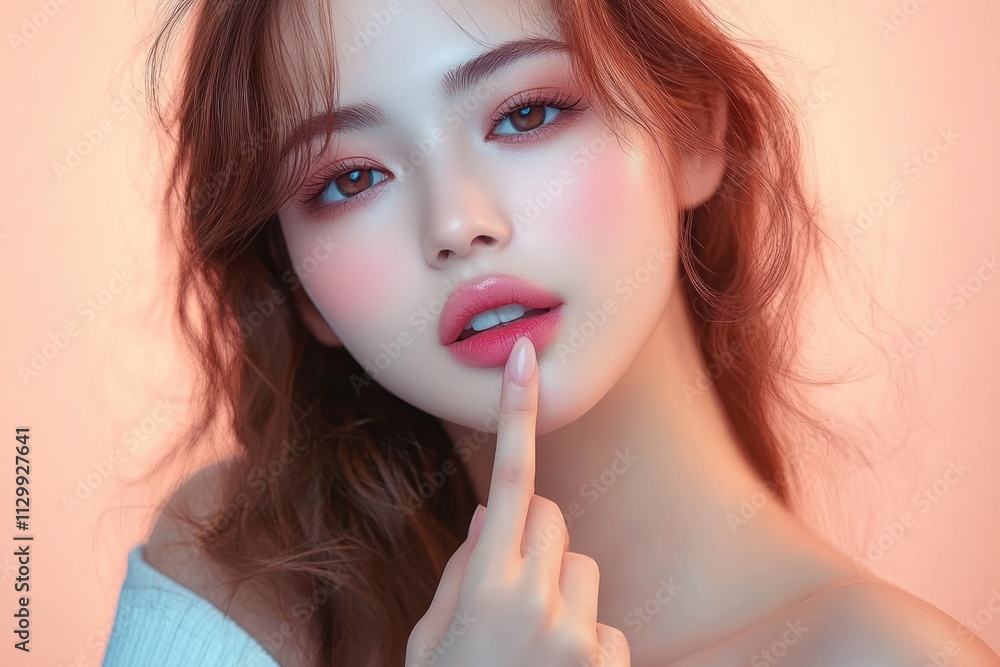Serene portrait of beautiful young Asian woman with fresh skin in minimalist style with soft pastel colors Serene portrait of beautiful young Asian woman with fresh skin in minimalist style with soft pastel colors