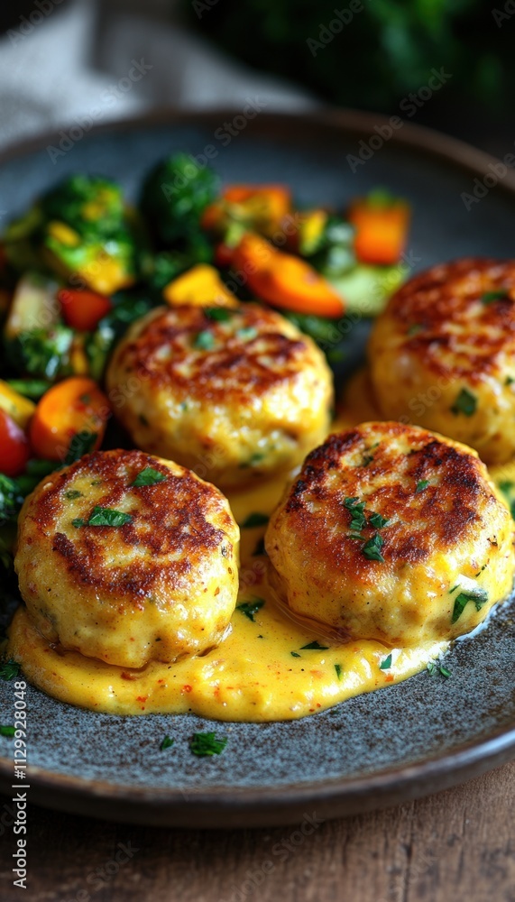 A delicious plate featuring golden patties with a side of colorful saut?ed vegetables. A delicious plate featuring golden patties with a side of colorful saut?ed vegetables.