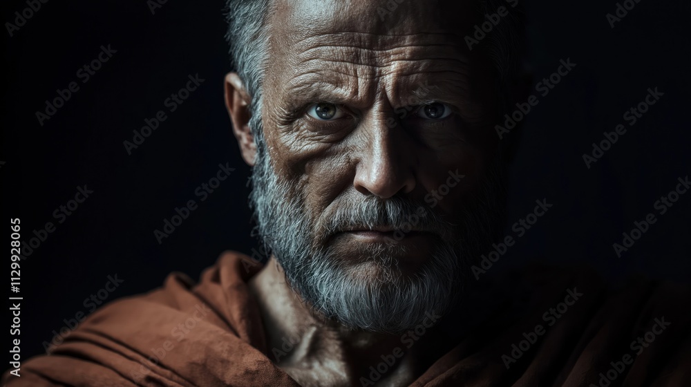 Aged man with weathered face, piercing eyes. Toga draped dramatically. Serious, thoughtful expression. Possible scenario ancient philosopher historical figure. Dramatic lighting, high contrast. Aged man with weathered face, piercing eyes. Toga draped dramatically. Serious, thoughtful expression. Possible scenario ancient philosopher historical figure. Dramatic lighting, high contrast.