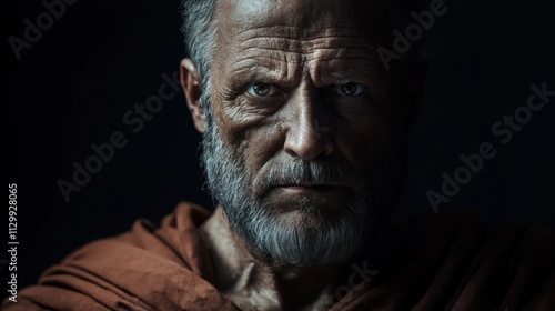 Aged man with weathered face, piercing eyes. Toga draped dramatically. Serious, thoughtful expression. Possible scenario ancient philosopher historical figure. Dramatic lighting, high contrast.