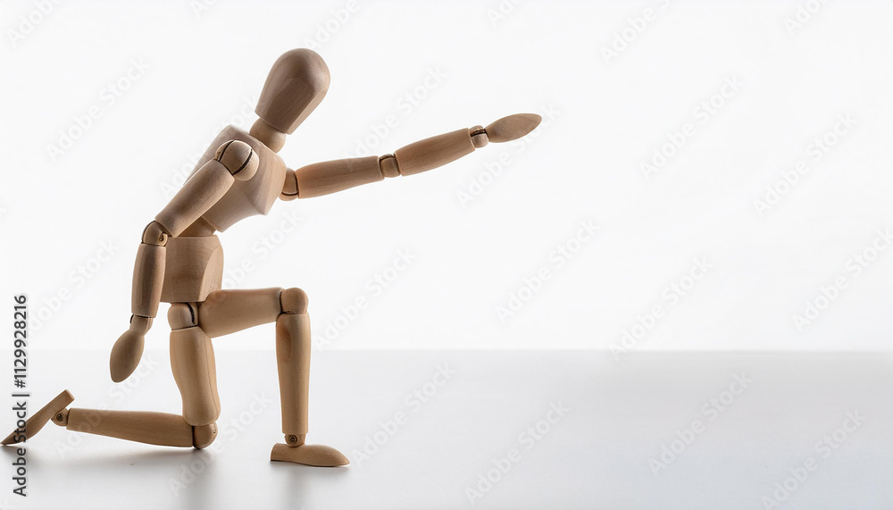 Wooden Figurine Kneeling Reaching Minimalist Pose Art Model Craft Studio Shot Wooden Figurine Kneeling Reaching Minimalist Pose Art Model Craft Studio Shot