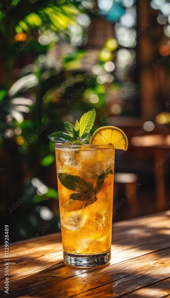 A refreshing iced tea with mint and lemon, served in a tall glass on a wooden table. A refreshing iced tea with mint and lemon, served in a tall glass on a wooden table.