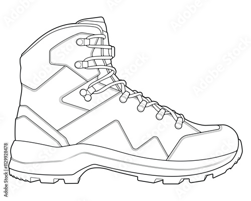 Hiking boots illustration. Outline vector boots. Side view hiking boots isolated with white background.