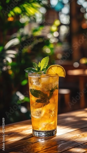 A refreshing iced tea with mint and lemon, served in a tall glass on a wooden table.