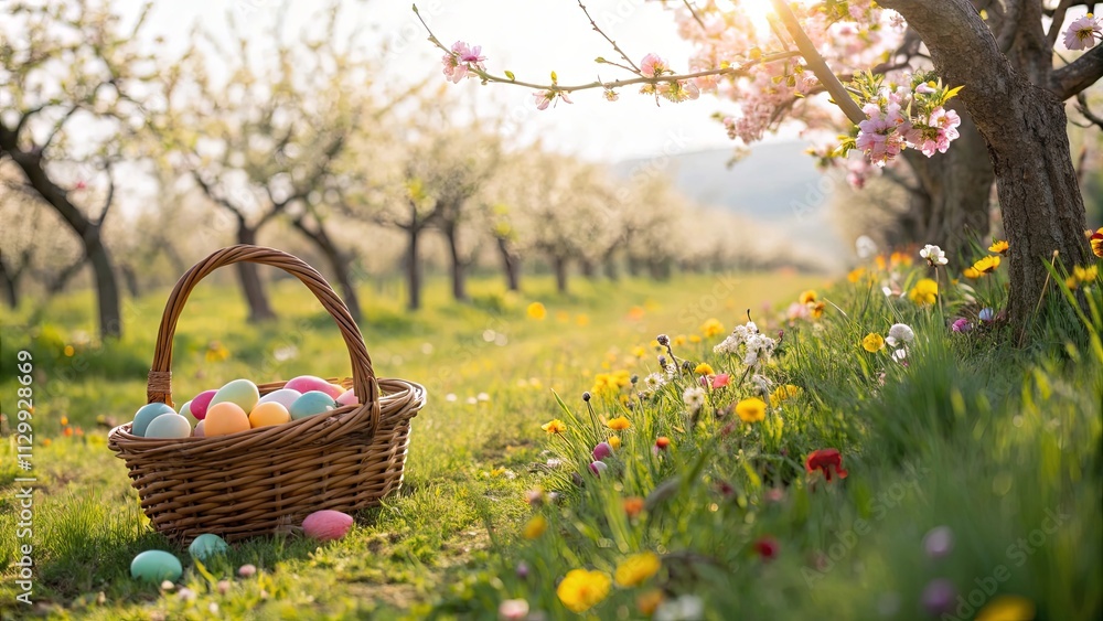 A basket full of eggs is sitting in a field of flowers A basket full of eggs is sitting in a field of flowers