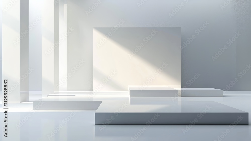 Fototapeta premium abstract architecture background, presentation, light grey, bright, black and white, soft lighting, low contrast, depth, minimal, clean, rectangular shapes, low angle