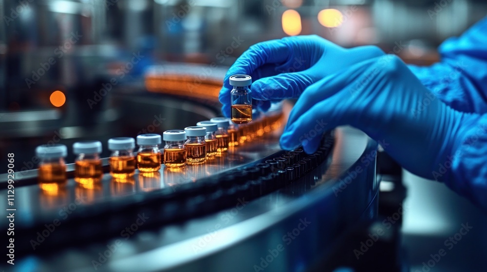 Pharmaceutical Scientist in Laboratory Examining Medical Vials on Production Line in Sterile Environment for Drug Manufacturing Pharmaceutical Scientist in Laboratory Examining Medical Vials on Production Line in Sterile Environment for Drug Manufacturing