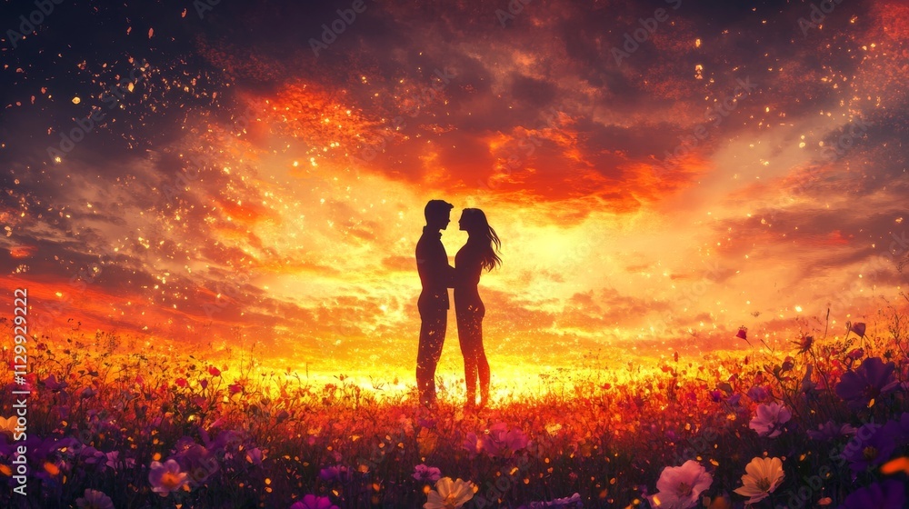 A captivating image of a couple standing close, surrounded by a dazzling sunset and a field of flowers. The intense orange and golden hues set a passionate, magical mood for this romantic moment.. AI A captivating image of a couple standing close, surrounded by a dazzling sunset and a field of flowers. The intense orange and golden hues set a passionate, magical mood for this romantic moment.. AI