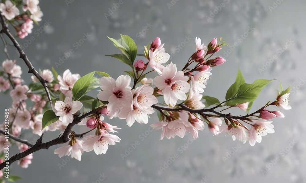 Elegant white cherry blossom branch with pink buds and green leaves, Asia, branch, botany Elegant white cherry blossom branch with pink buds and green leaves, Asia, branch, botany