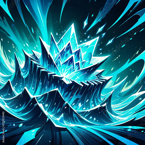 A large, radiant crystal core erupts with vibrant blue energy, surrounded by swirling waves and streaks of light. Small white stars sparkle in the dark background.