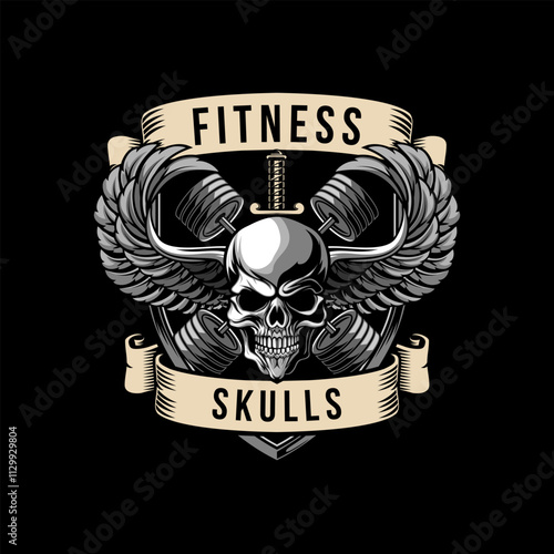 Skull with crossed gym barbells. Fitness logo skull and cross weights vector illustration
