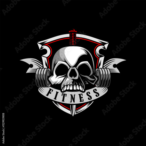 Vector of skull gym and fitness logo design. Fitness logo skull and cross weights vector illustration