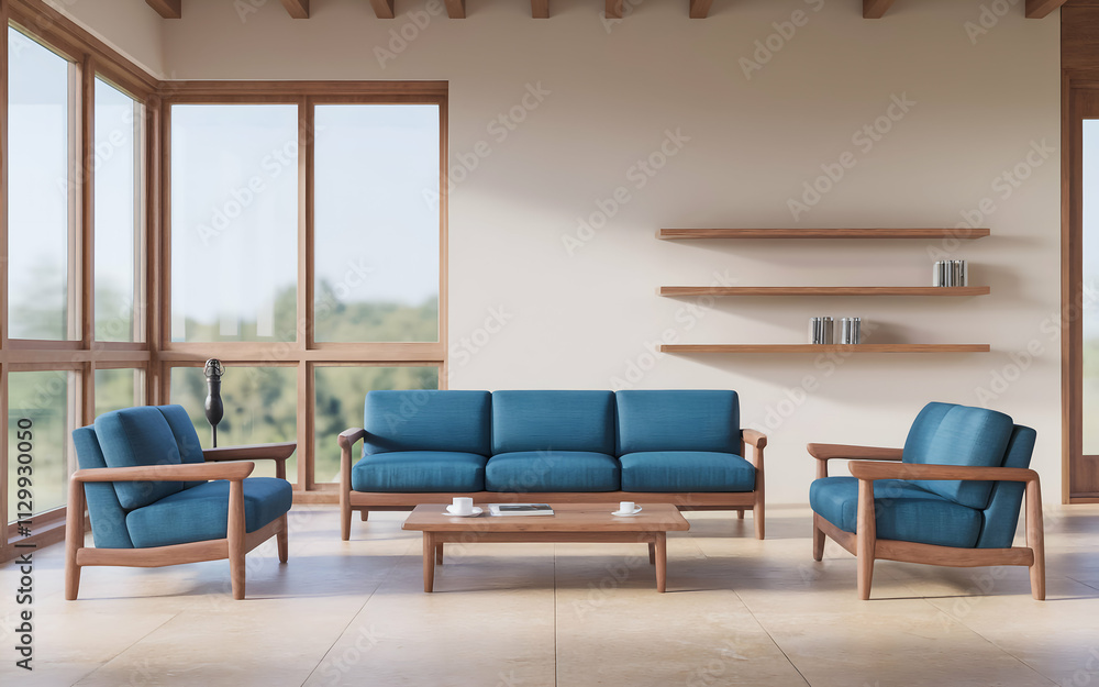 Fototapeta premium modern living room with a large blue sofa and two blue armchairs. The room has wooden , including a wooden coffee table and a bookshelf. There is a potted plant near the window