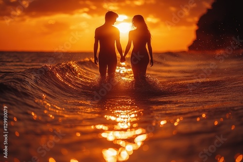 romantic sunset couple silhouette holding hands on beach