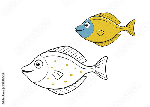 A fun flounder fish coloring page featuring a flat, oval-shaped fish with intricate patterns, wavy fins, and wide eyes, ready for kids to bring to life with colors!