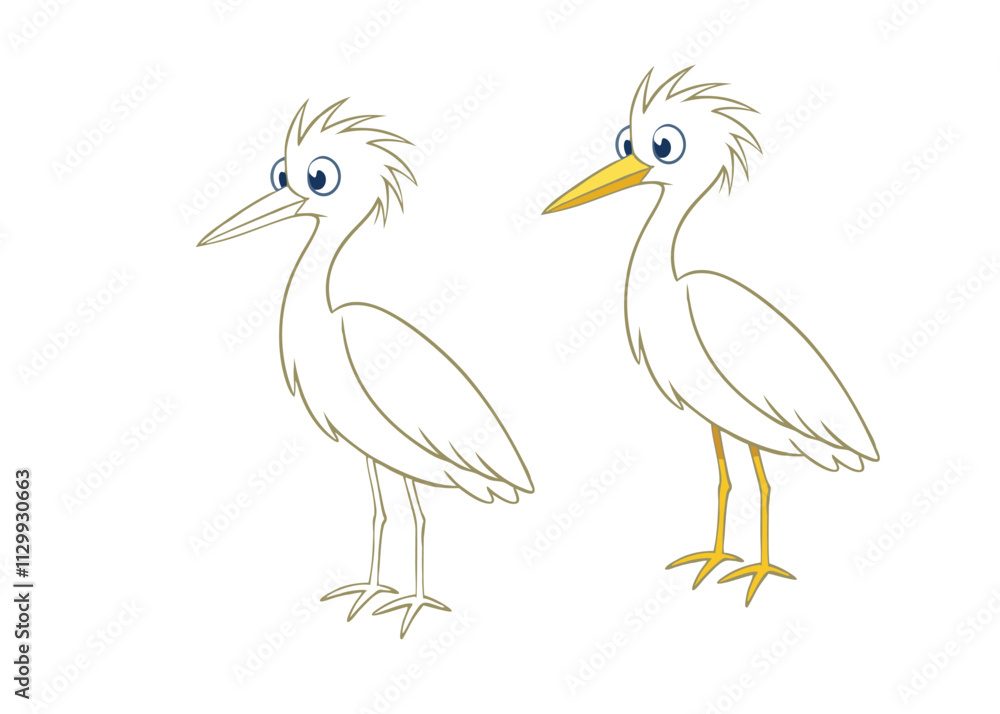 A detailed snowy egret coloring page featuring the elegant bird with long, slender legs, flowing white feathers, and a sharp beak, set against a natural wetland background. A detailed snowy egret coloring page featuring the elegant bird with long, slender legs, flowing white feathers, and a sharp beak, set against a natural wetland background.