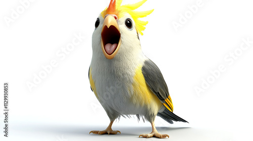 A bird with a yellow beak and a yellow head is standing on a white background photo