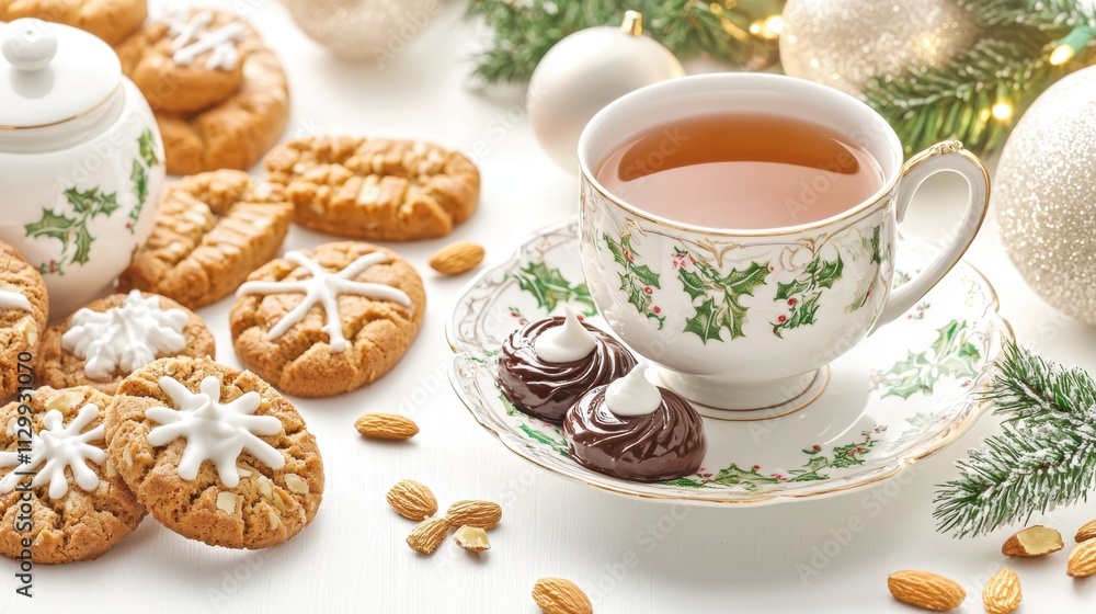 Tea and desserts in Victorian style concept. Cozy holiday scene with tea and assorted festive cookies Tea and desserts in Victorian style concept. Cozy holiday scene with tea and assorted festive cookies