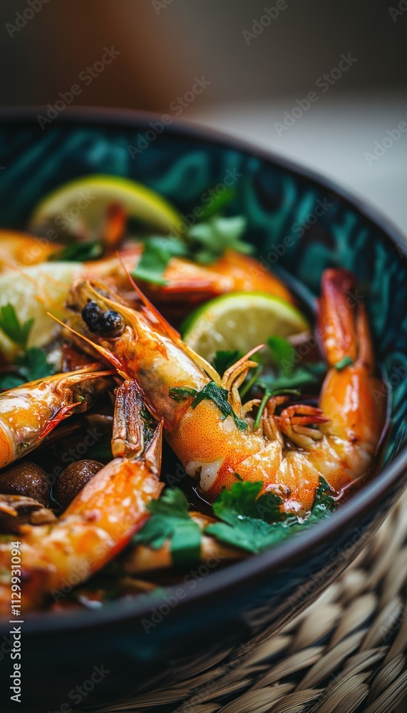 A vibrant bowl of shrimp garnished with lime and herbs, showcasing a delicious seafood dish. A vibrant bowl of shrimp garnished with lime and herbs, showcasing a delicious seafood dish.