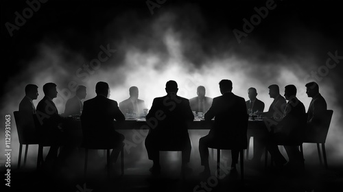 Businessmen sit at table in smoky room. Secret meeting. Intrigue, power. Dark atmosphere. Silhouettes of men in suits. Whispers of decisions, deals. Group of powerful men in clandestine gathering.