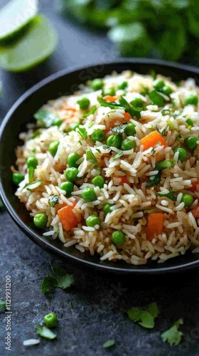 A bowl of colorful vegetable rice with peas and carrots, garnished for a delicious meal.