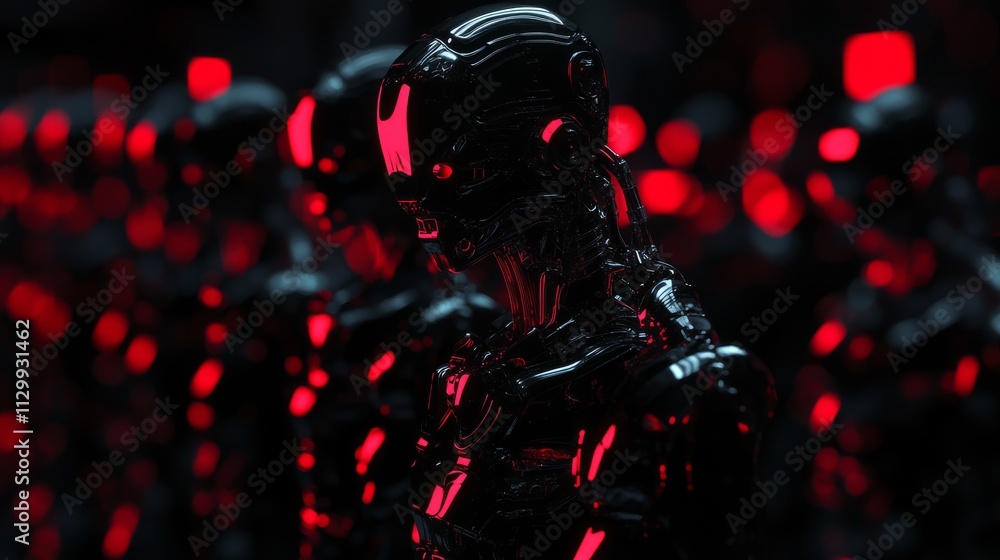 A group of futuristic robots illuminated by red neon lights stands in a dark environment. Their glossy, metallic surfaces reflect the vibrant glow, creating a captivating and eerie sci-fi scene.. AI A group of futuristic robots illuminated by red neon lights stands in a dark environment. Their glossy, metallic surfaces reflect the vibrant glow, creating a captivating and eerie sci-fi scene.. AI