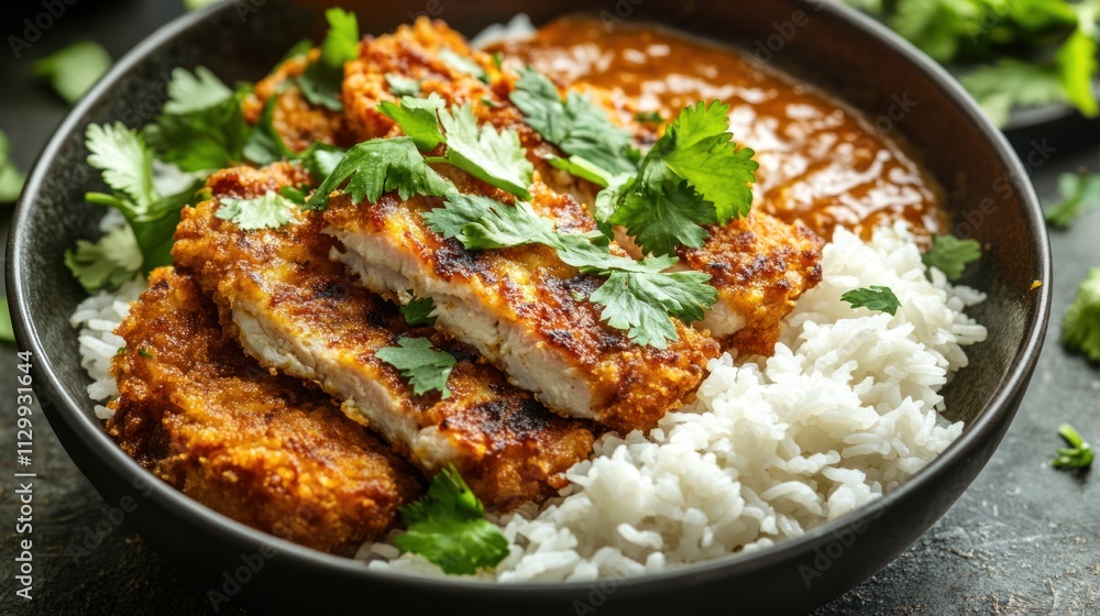 A delicious bowl of rice topped with crispy chicken and rich sauce, garnished with herbs. A delicious bowl of rice topped with crispy chicken and rich sauce, garnished with herbs.