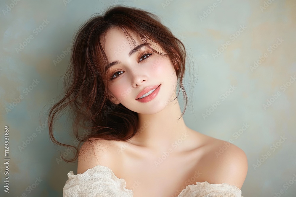Beautiful young Asian woman with fresh skin in soft lighting on beige background, beauty and spa concepts, facial care and treatment portrait Beautiful young Asian woman with fresh skin in soft lighting on beige background, beauty and spa concepts, facial care and treatment portrait