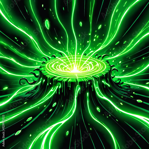 A luminous green vortex swirls around a tree stump, emanating glowing green energy lines and particles.