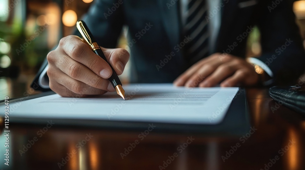 Businessman Signing Legal Contracts and Approving Documentation in Modern Office Environment Businessman Signing Legal Contracts and Approving Documentation in Modern Office Environment