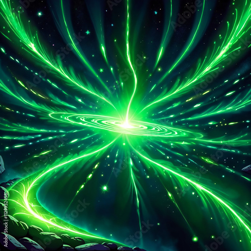 A bright green cosmic vortex in space with glowing lines and swirling energy, surrounded by small stars against a dark background.