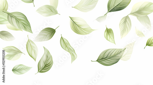 Flying leaves in shades of lime and mint, twirling on a crisp white background. Drift. Illustration