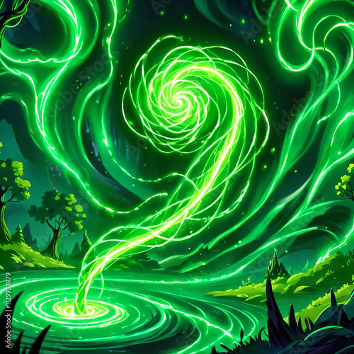 A swirling vortex of vibrant green energy erupts from a pool of water in a fantastical landscape. Luminous tendrils reach upwards against a backdrop of dark green trees and hills.
